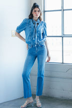 Women's straight leg blue jeans, casual wear for everyday outings
