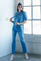 Women's straight leg blue jeans, versatile denim for casual wear