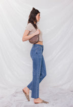 Women's straight leg blue jeans, stylish casual wear for everyday use
