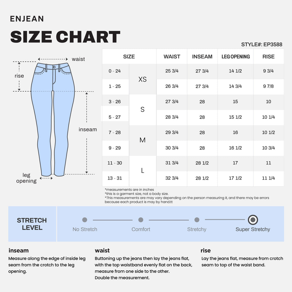 Women's straight leg blue jeans size chart with stretch level details