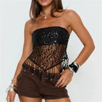 Women's black strapless crop top with sequins, perfect for parties