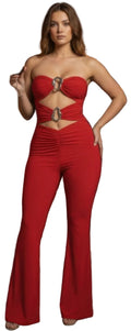 Red strapless cut-out jumpsuit for women, perfect for clubwear