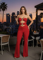 Red strapless cut-out jumpsuit for women, stylish clubwear outfit