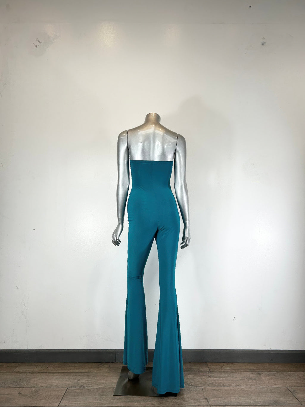 Teal strapless cut-out jumpsuit for women, perfect for clubwear