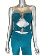 Teal strapless cut-out jumpsuit for women, perfect for clubwear