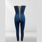 Back view of strapless denim jumpsuit with lace-up design and fitted silhouette from VacationGrabs