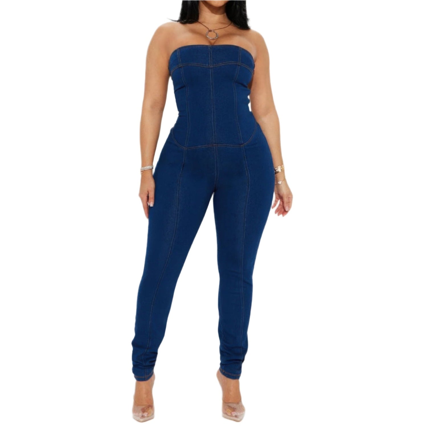 Stylish strapless denim jumpsuit in dark blue with a flattering fitted design for a chic look