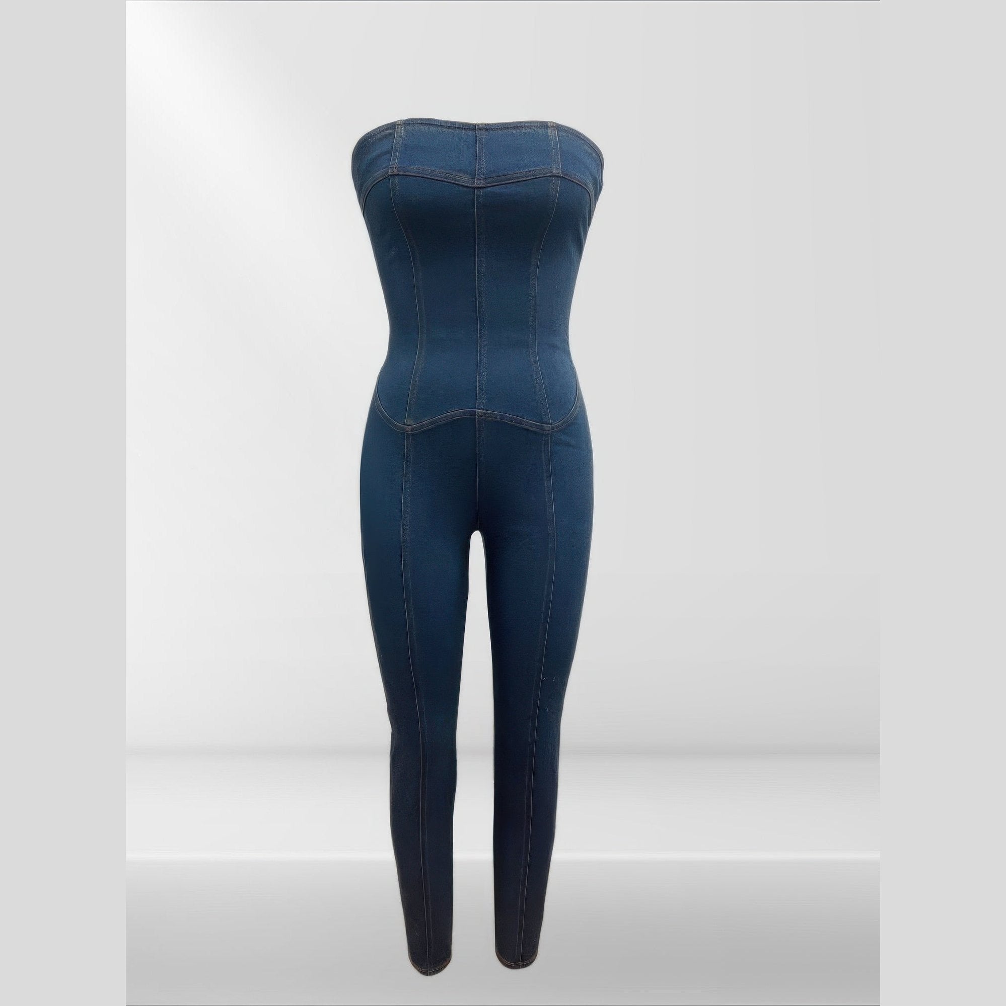 Strapless denim jumpsuit by VacationGrabs featuring a fitted design and sleek silhouette