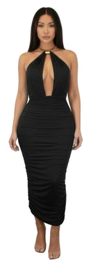 Women's black strapless open back midi dress, perfect for clubwear