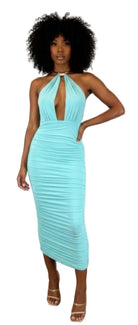 Women's strapless open back midi dress in light blue, perfect for summer parties