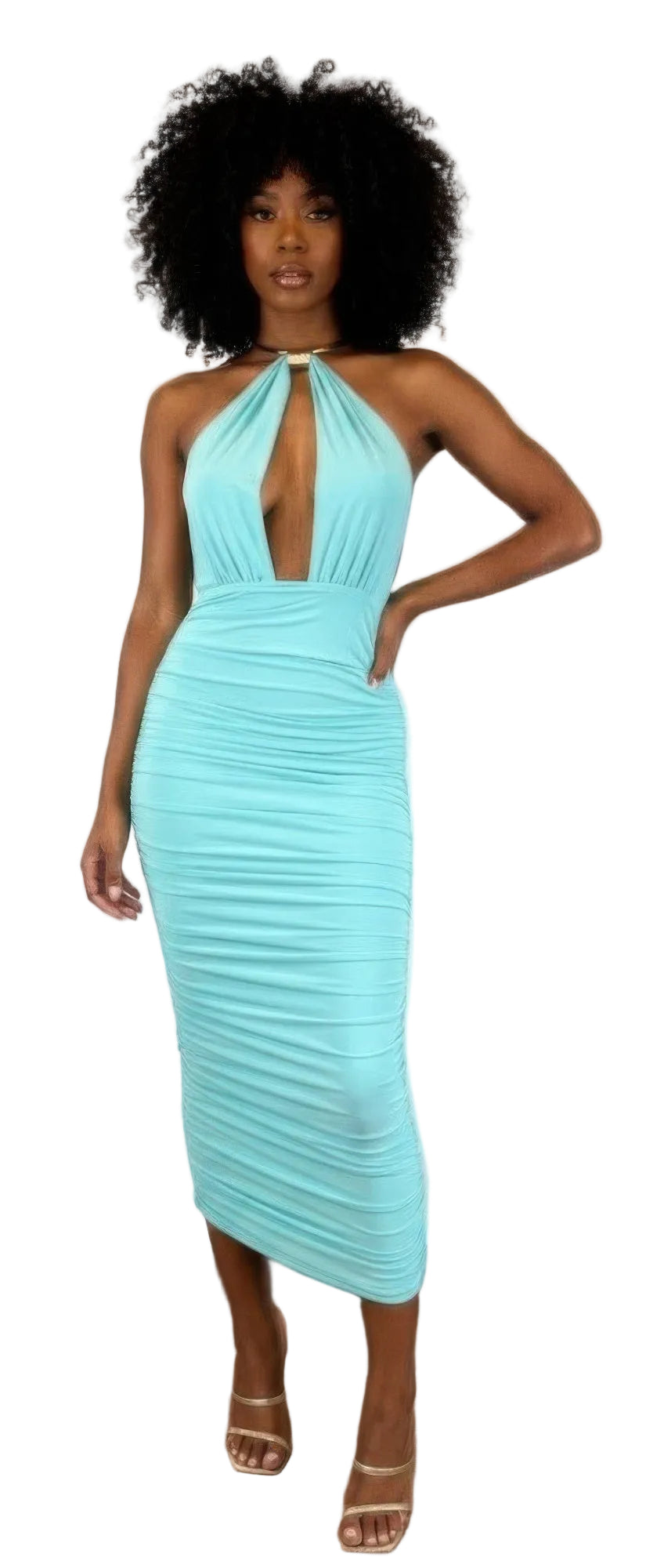 Women's strapless open back midi dress in light blue, perfect for summer parties