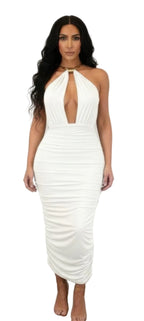 Women's white strapless open back midi dress for night out