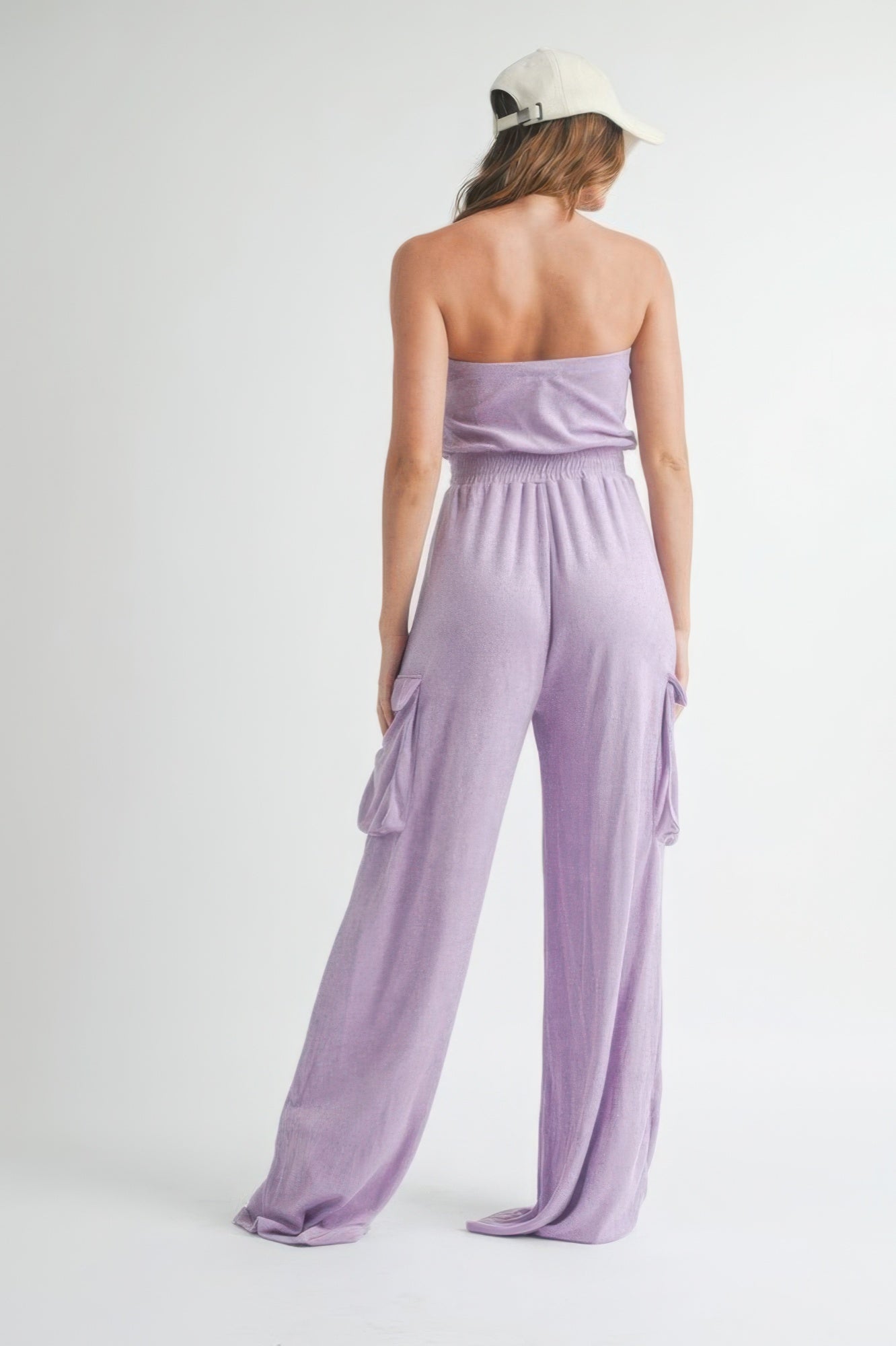 Lavender strapless romper jumpsuit with wide legs and side pockets for a stylish summer look