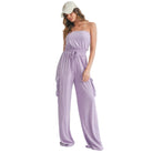 Lavender strapless romper jumpsuit with drawstring waist and side pockets for a stylish summer look