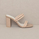 Oasis Society strappy alligator heel shoes in nude with a stylish two-strap design and block heel
