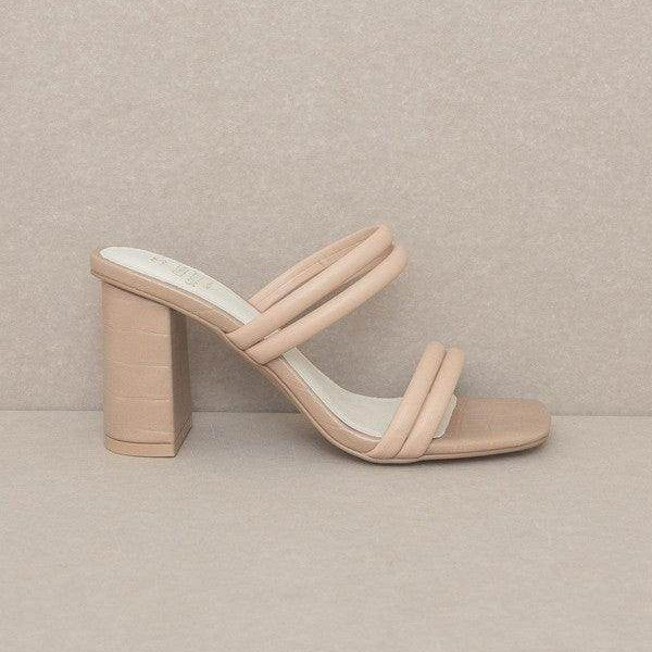Oasis Society strappy alligator heel shoes in nude with a stylish two-strap design and block heel