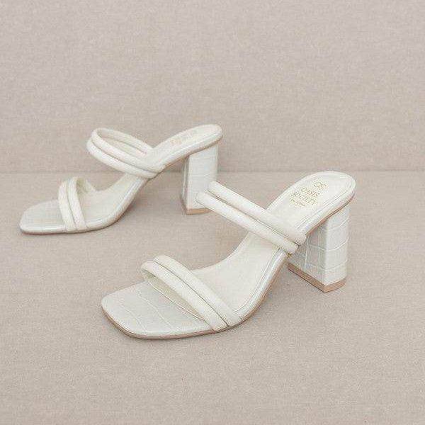 Oasis Society strappy alligator heel shoes in white with a stylish square toe and block heel design