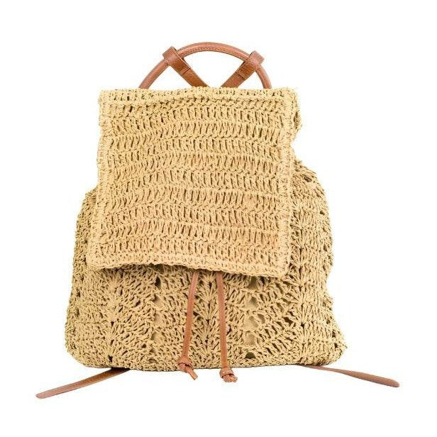 Aili's Corner straw beach backpack with a woven design and leather straps for summer outings