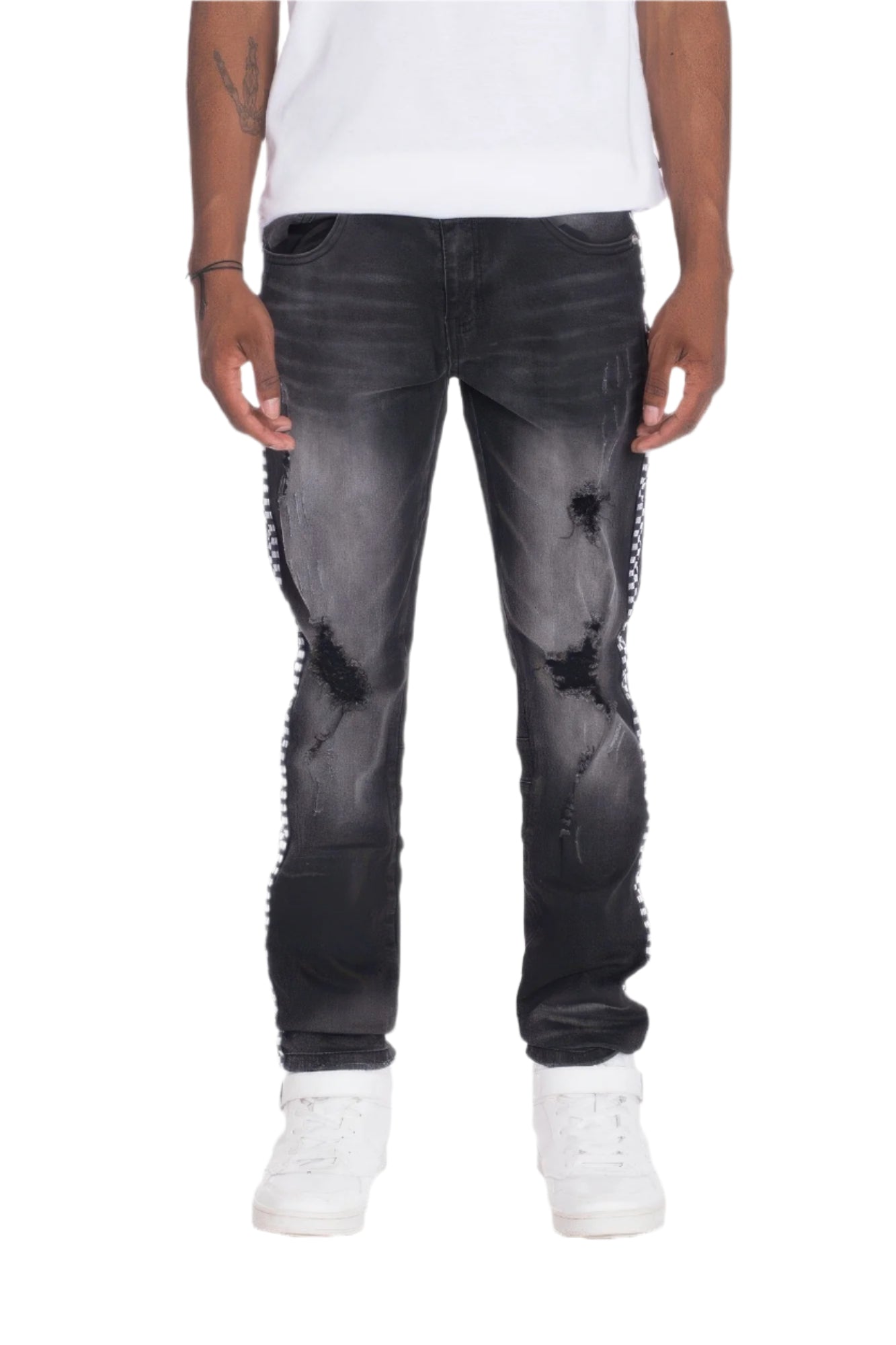 VacationGrabs men's street style distressed pants in black denim with ripped details