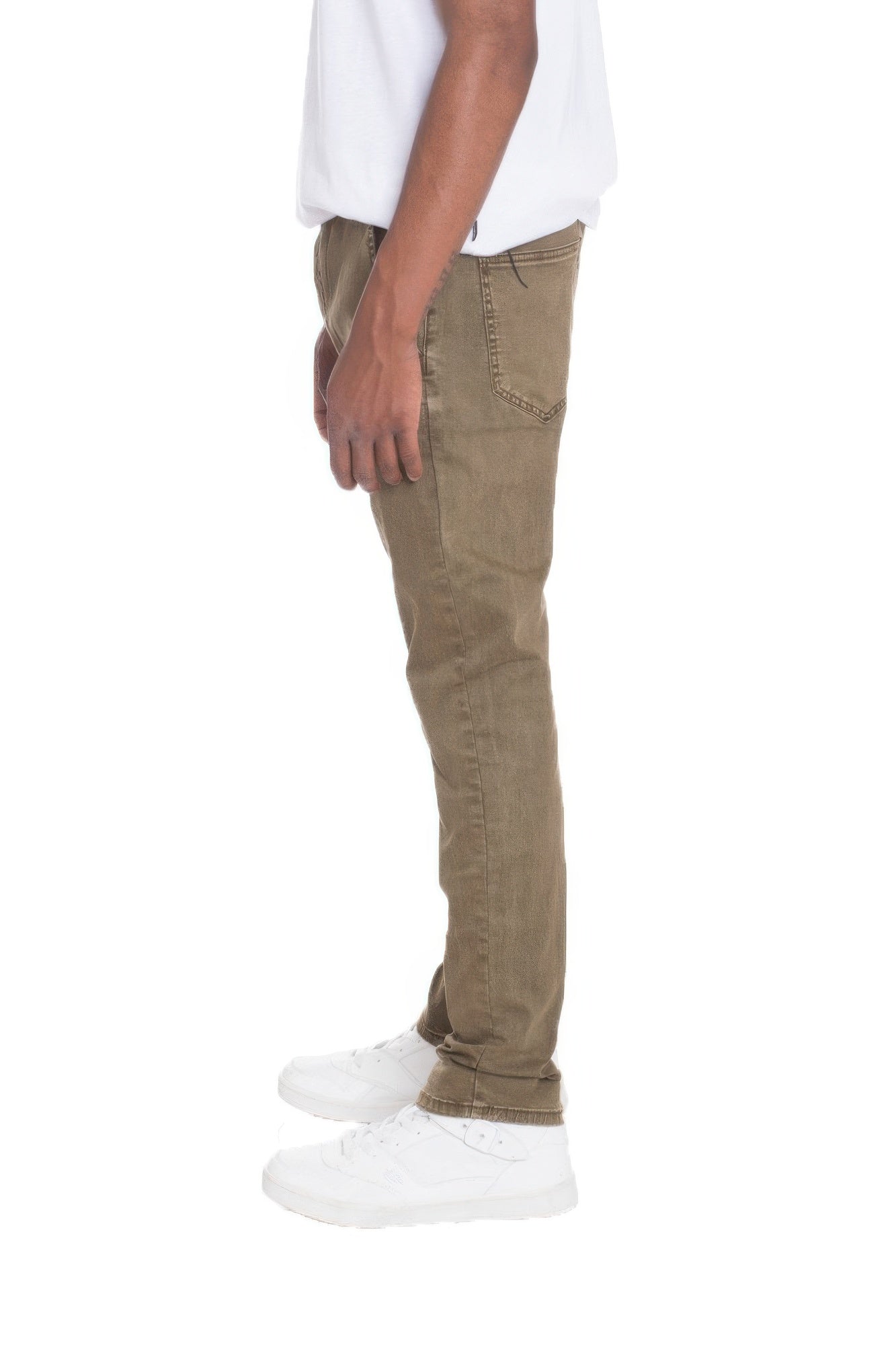 Men's street style distressed pants in brown denim by VacationGrabs shown in side view