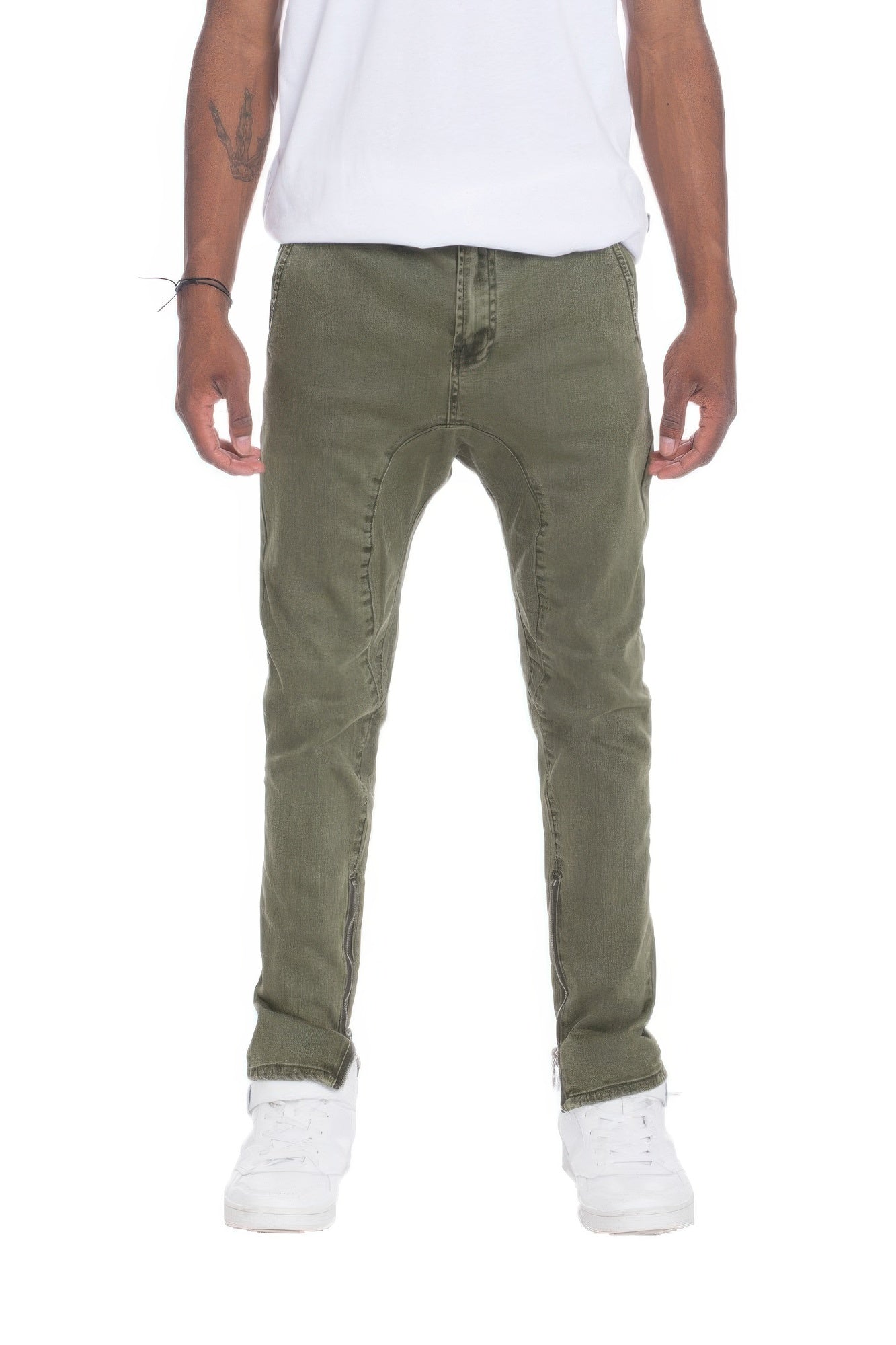 VacationGrabs men's street style distressed pants in olive green with a slim fit