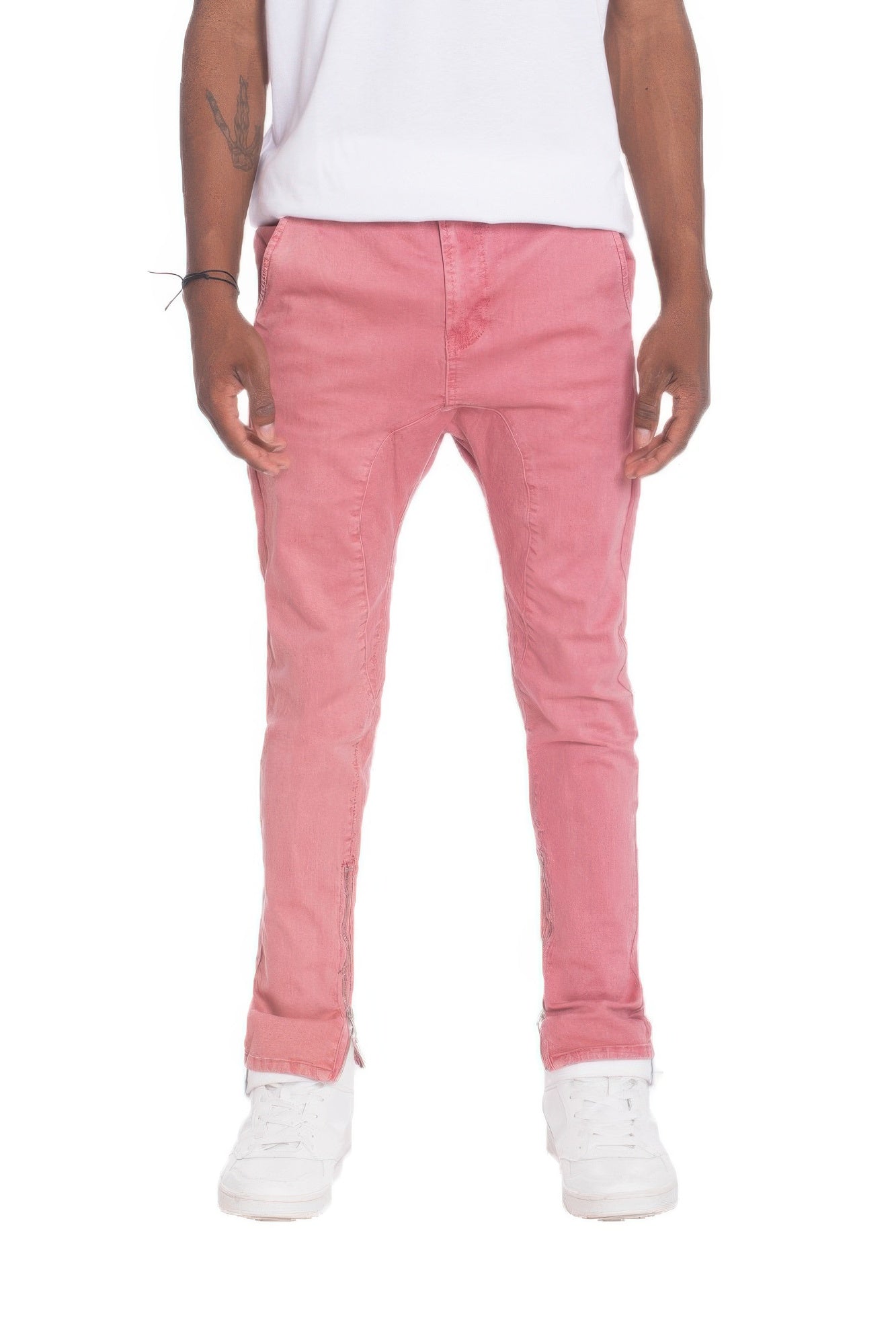VacationGrabs men's street style distressed pants in pink denim with a slim fit design