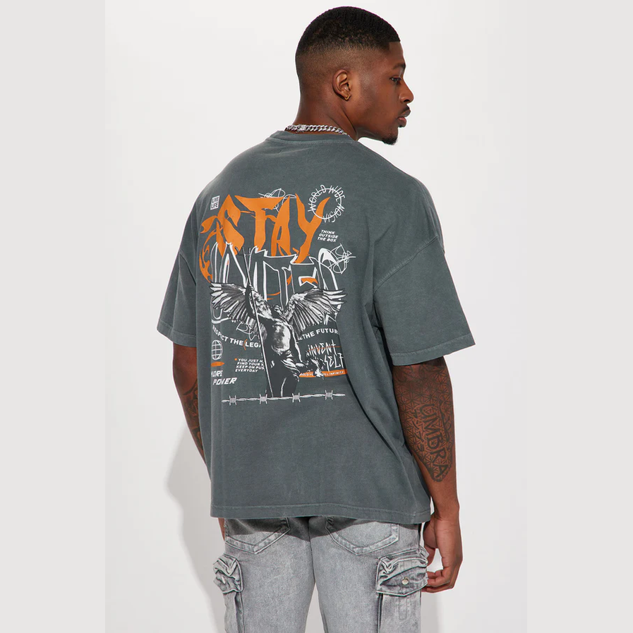 VacationGrabs grey short sleeve streetwear shirt with graphic print worn by male model