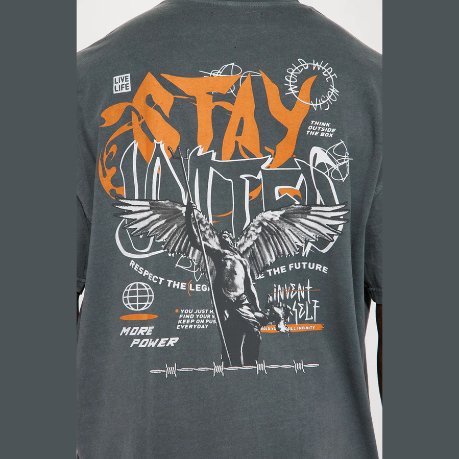 Back of grey short sleeve streetwear shirt with artistic graphic design and motivational text