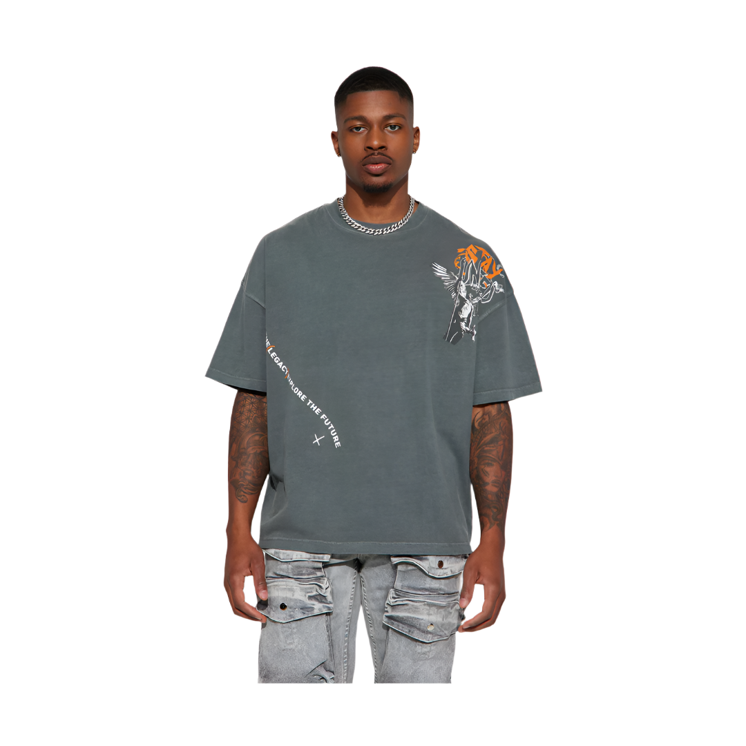 VacationGrabs grey short sleeve streetwear shirt with graphic design and relaxed fit on male model