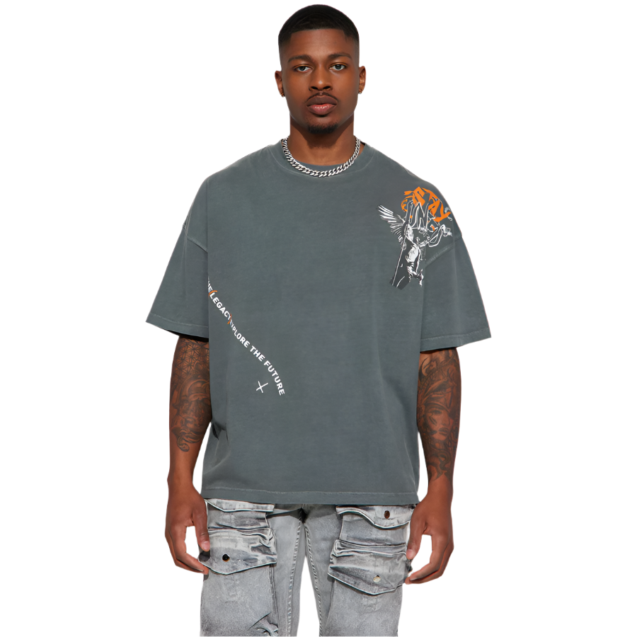 VacationGrabs grey short sleeve streetwear shirt with graphic design and relaxed fit on male model