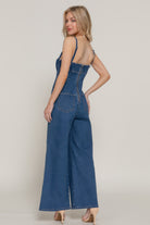 VacationGrabs stretch cami jumpsuit for women in blue with a back zipper and wide legs