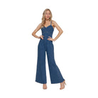 VacationGrabs stretch cami jumpsuit for women in denim with wide legs and adjustable straps