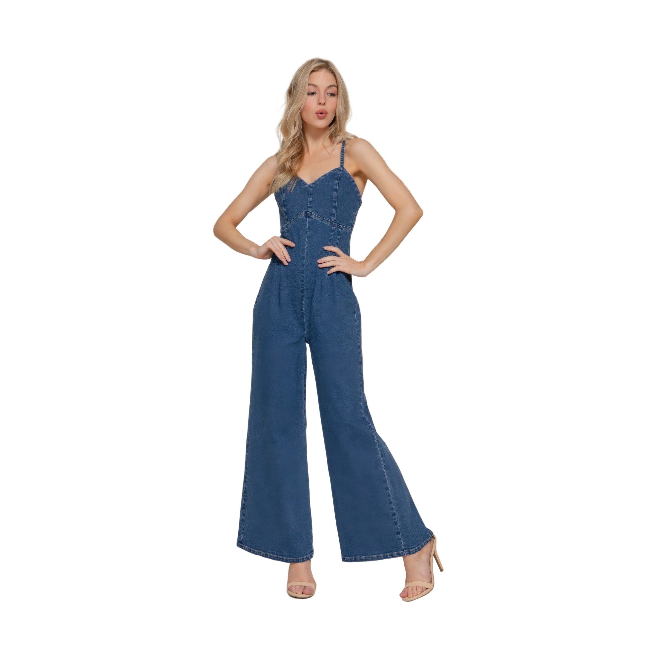 VacationGrabs stretch cami jumpsuit for women in denim with wide legs and adjustable straps