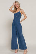 Stylish blue stretch cami jumpsuit for women with wide legs and adjustable straps