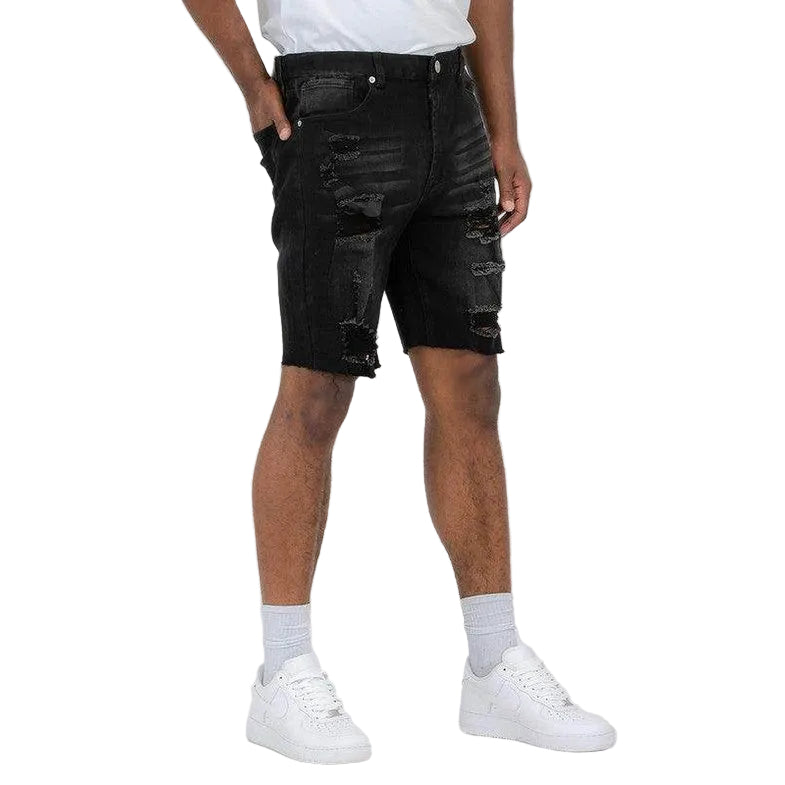 WEIV Men's Black Stretch Denim Shorts for Vacation with Distressed Design and Comfortable Fit