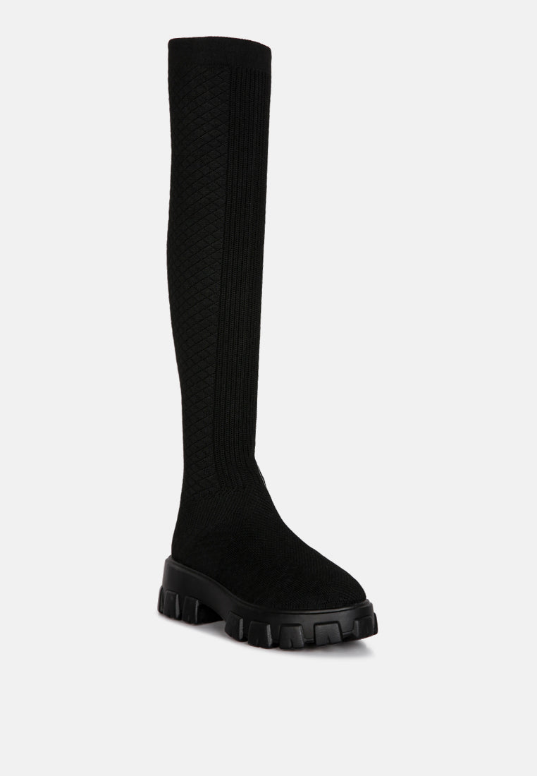 London Rag International stretch knit knee high boots in black with chunky sole for a stylish look