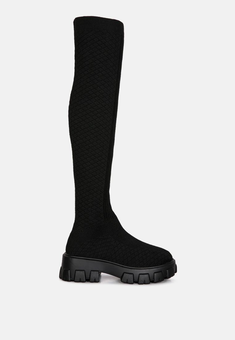 London Rag International stretch knit knee high boots in black with chunky sole for stylish comfort