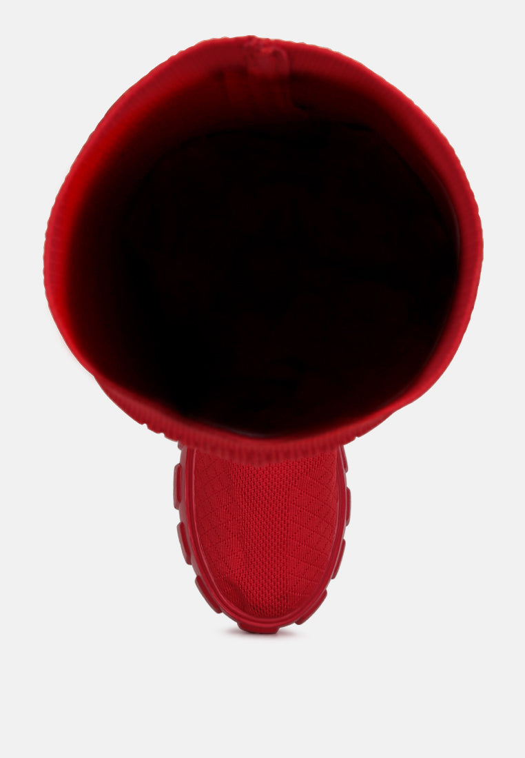 Interior view of London Rag International stretch knit knee high boots in vibrant red color