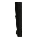 Stylish black stretch suede boots for women with a comfortable block heel and zipper detail