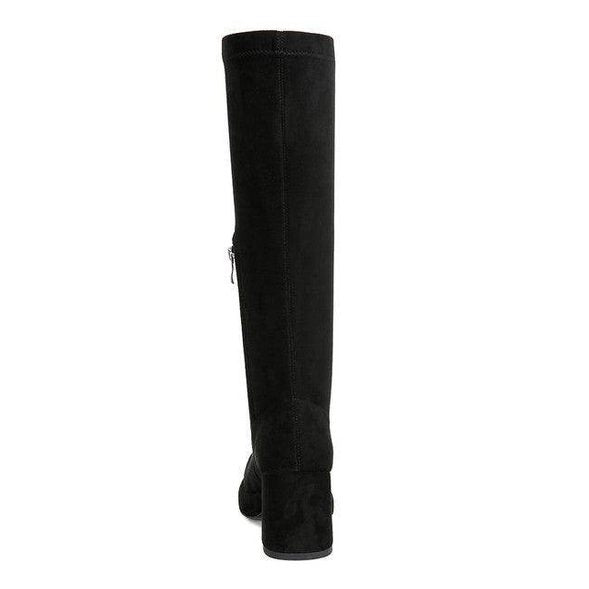 Stylish black stretch suede boots for women with a comfortable block heel and zipper detail