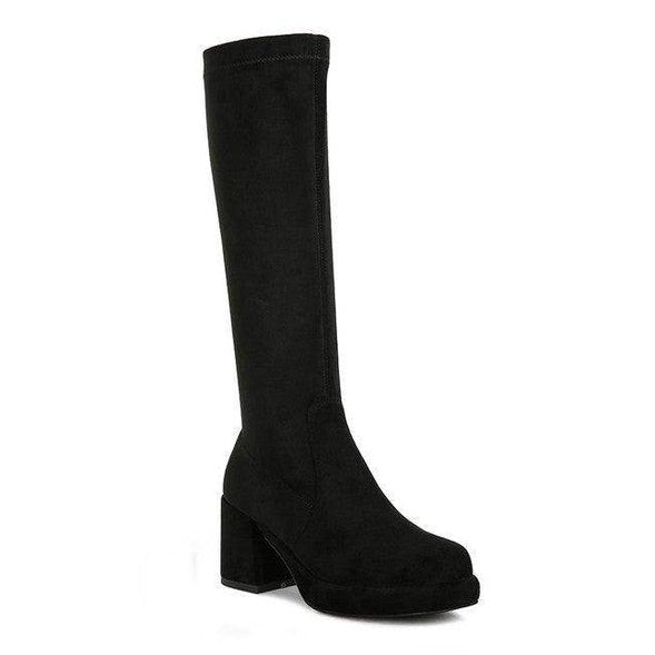 Stylish stretch suede boots for women with a chic block heel in black color