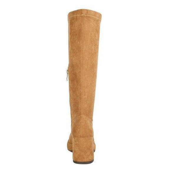 Stylish tan stretch suede boots for women with a knee-high design and block heels