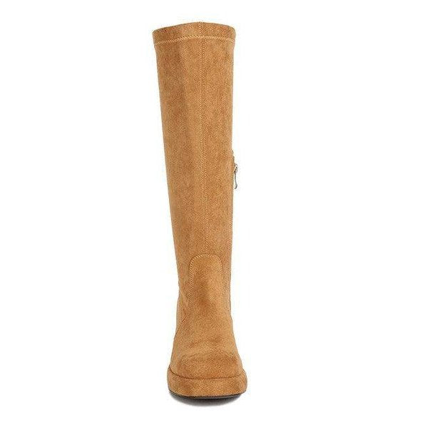 Stylish Rag Company stretch suede boots for women in tan, featuring a comfortable knee-high design