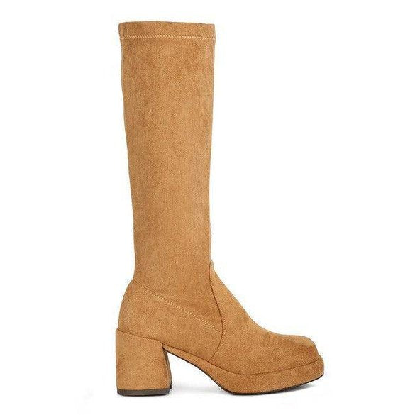 Stylish stretch suede boots for women in tan with chunky heels for a trendy look