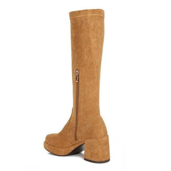 Stylish stretch suede boots for women with a high heel and side zipper in tan color