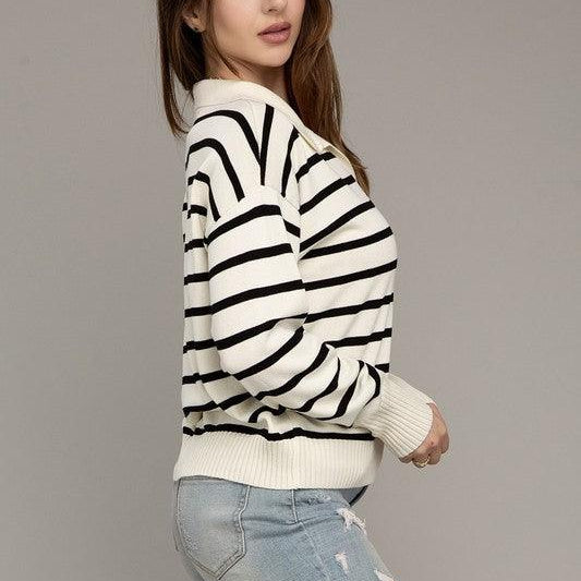 Women's Sweaters Stripe Collared Knit