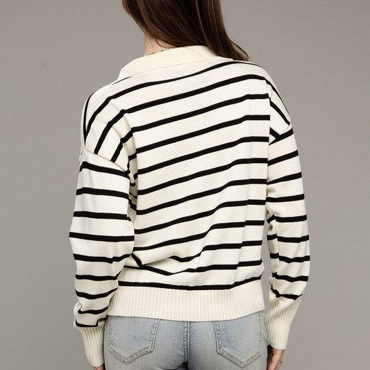 Women's Sweaters Stripe Collared Knit