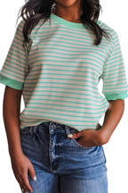 Stripe Colorblock Trim Round Neck Short Sleeve Tee