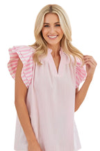 Stripe Contrast Trim V-Neck Flutter Sleeve Blouse
