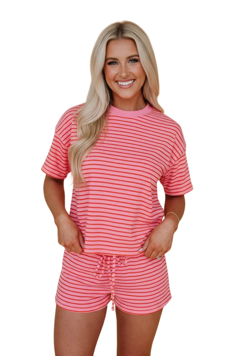 Stripe Side Split Tee & Drawstring Shorts Set